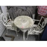 An aluminium white painted garden two tier table and two matching armchairs