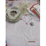 Vintage table linen, two silk handkerchiefs, a quantity of Davenport 19th century pattern 659 plates