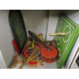Mixed vintage toys to include a bagatelle board and others