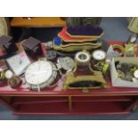 A mixed lot of clocks and watch parts including some mahogany stands and a Smiths 8 day clock
