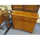 A reproduction yew wood side cabinet, together with a 1930s cake stand