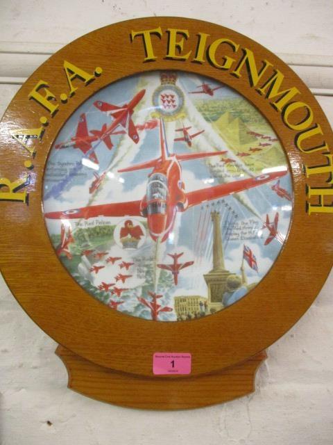 An RAFA Teignmouth Red Arrows pictorial plate, mounted in an oak frame inscribed in gilt letters