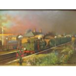 Barrie A F Clark - a view of a steam train pushing carriages, at sun rise in Lyminge Station, oil on