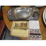A selection of silver and silver plated items to include a plated on copper oval, galleried tray and