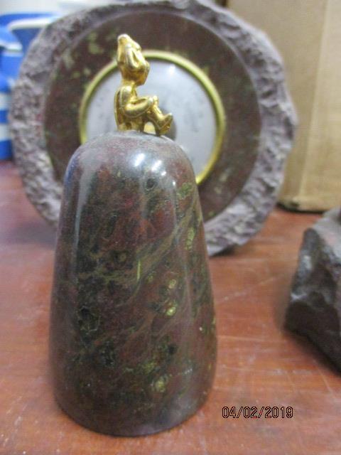 Four pieces of Cornish serpentine stone to include a lamp, a thermometer, a barometer and a - Image 2 of 2