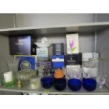 A selection of glassware, some boxed, to include a set of five Bristol blue finger bowls and other