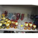 Bohemian style wine glasses, coloured glass water tumblers and other glassware