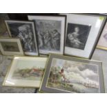 Three 19th century engravings, together with three watercolours