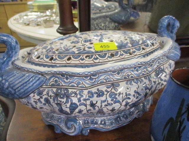 A Portuguese china flower centrepiece, two pieces of Torquay Ware, a pottery bread crock and a - Image 2 of 4