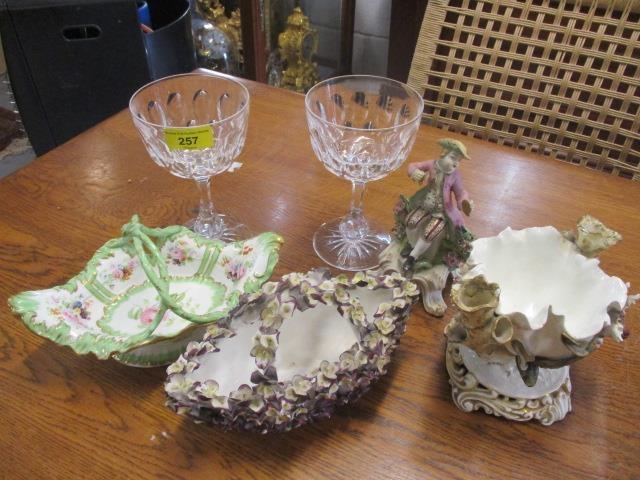 A mixed lot to include a pair of glass goblets, an early 20th century porcelain figure and other