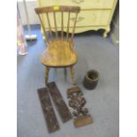 A spindle back child's chair and a small quantity of treen to include two carved panels