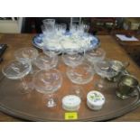 A selection of glassware to include Champagne coupes, a copper tray and other items