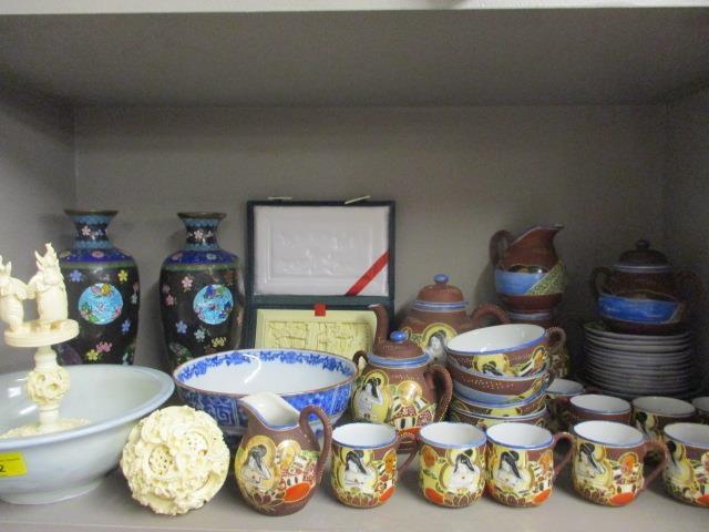 A pair of cloisonne vases, A/F, together with an oriental glazed bowl, a moulded composition