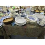 A selection of 19th century and later ceramics to include wash bowls and jugs, a blue and white