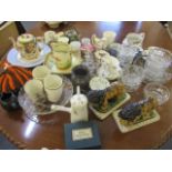 A mixed lot to include a green shell teapot, commemorative china, glass, two lion ornaments and