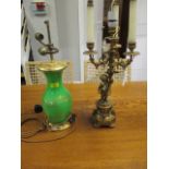 A green glazed Victorian style side lamp and a gilt side light