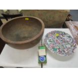 An early 20th century large turned wooden bowl, a Chinese Millefiori pattern porcelain dish and a