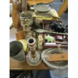 A vintage Backgammon set, mixed metalware, an Indian paper mache box with lid, brass candlesticks