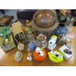 A vintage treen globe on stand, mixed vintage items and ornaments to include three Snoopy ceramic