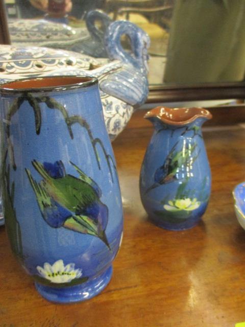 A Portuguese china flower centrepiece, two pieces of Torquay Ware, a pottery bread crock and a - Image 3 of 4