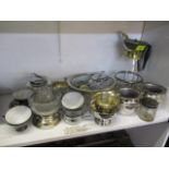A mixed lot to include a silver on porcelain part teaset and other items