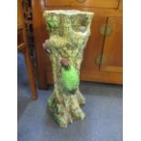 A pottery stick stand decorated with woodpeckers and a fox cub A/F 24"h