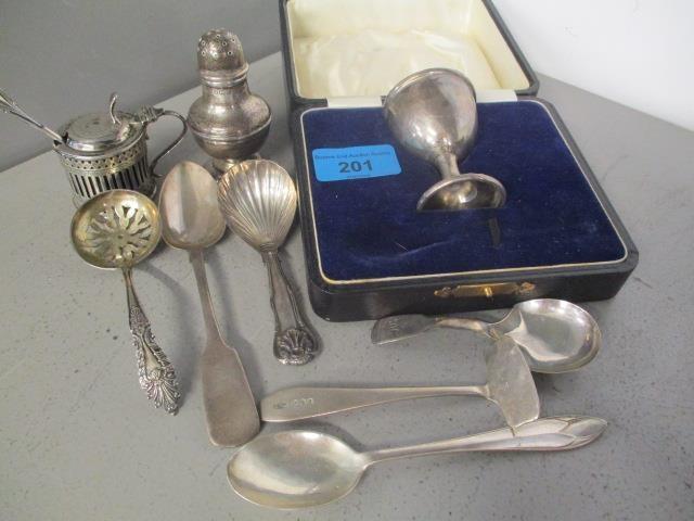 Mixed silver to include a caddy spoon, condiments and other items