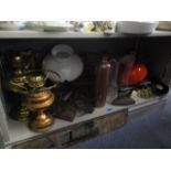 A mixed lot to include a copper and brass oil lamp, a leather briefcase, brass trumpets and other