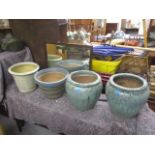 Glazed garden pots to include three streaky green glazed examples