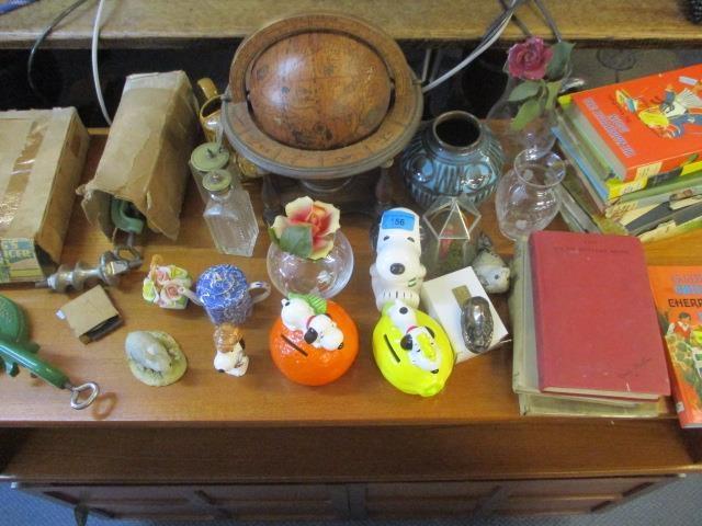 A vintage treen globe on stand, mixed vintage items and ornaments to include three Snoopy ceramic