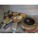 A mixed lot to include a mid 20th century clock, razors, records, china and other items