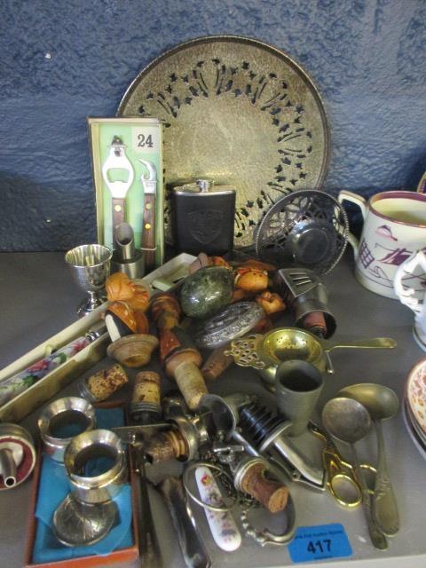 Miscellaneous bottle openers, cutlery, a tea strainer, Swiss Anri treen wine stoppers and other