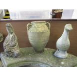 Weathered composition stone garden ornaments and pots to include a model duck, an Oriental figure, a