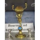 A pair of Gorham American sterling silver candlesticks and a brass candelabra with twin sconces,
