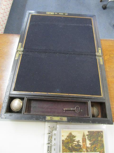 A rosewood writing slope with fittings, together with a selection of vintage postcards within an - Image 2 of 4