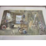 George Dolman - A boat shed interior, a watercolour, signed faintly in the lower left corner