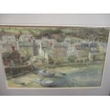 George Dolman - a Cornish harbour scene with three moored boats, a watercolour, signed lower right