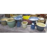 Glazed garden pots and a pair of blue glazed bird baths