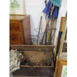 An early 20th century pine chest, wooden items, castors, garden tools and other items