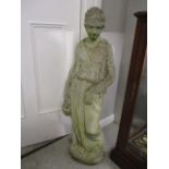 A weathered composition stone garden statue of a woman 40"h