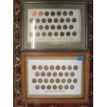 A collection of British copper pennies from 1895 to 1967, mounted and framed in two glazed frames