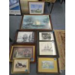 A mixed lot of framed and glazed prints and watercolours to include a pen and ink and wash