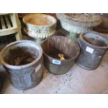 Two teak garden planters and a pair of fibreglass planters