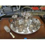 A Walker & Hall silver plated five piece teaset to include a tea kettle on stand with burner, a