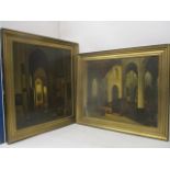 Thomas - two interior scenes, each of a religious building with gothic windows and figures, oil on