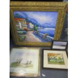 A group of oil paintings, a watercolour and a print to include a Mediterranean town scene, oil on