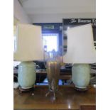 A pair of Chinese Celadon glazed vases converted to lamps, with shades, and a WMF style metal vase