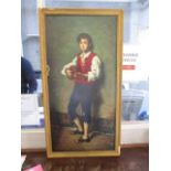Salvador - a portrait of a boy playing a mandolin, oil on canvas, signed 31" x 15 1/2", framed