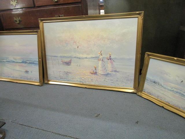 A group of three late 20th century seascape paintings, the larger depicting three girls in Edwardian - Image 2 of 6