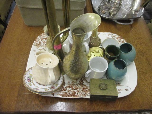 A mixed lot of brass and china to include a bugle, inscribed J Barratts